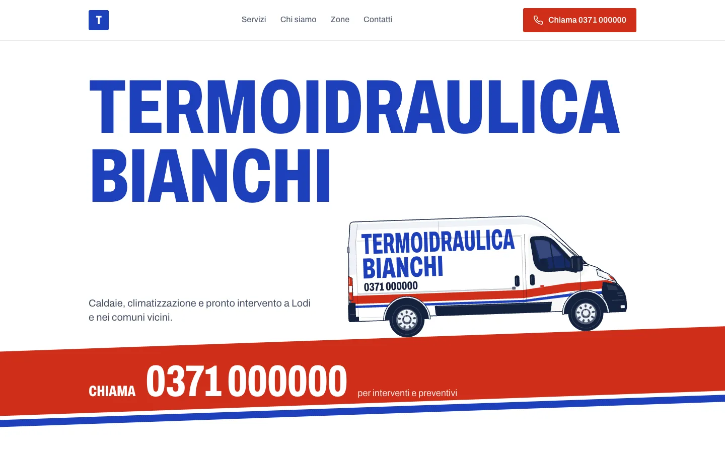 La proposta di sito per Termoidraulica Bianchi, con servizi e numero di telefono in primo piano.